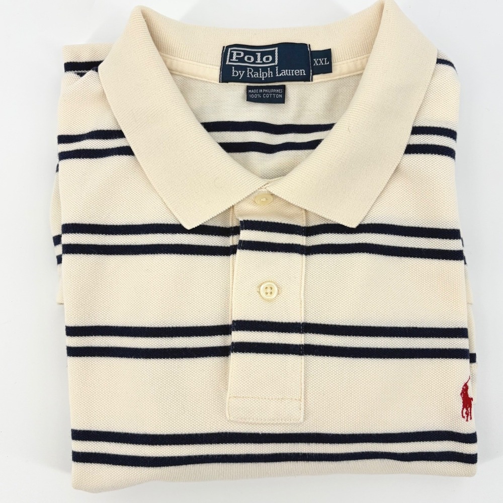 Polo Ralph Lauren Polo Shirt Striped Cream Navy Blue Preppy XXL Red Pony Golf